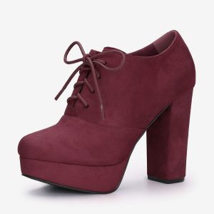 Platform Chunky Heel Lace Up Leopard Print Booties Burgundy/9 - Allegra K catalog