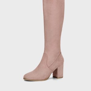 Faux Suede Side Zipper Chunky Heel Knee High Boots Dust Pink/6 - Allegra K catalog