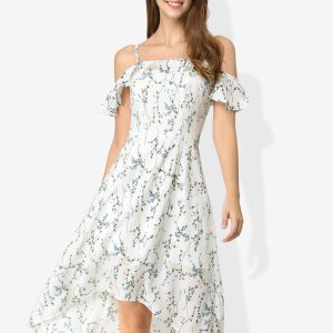 Spaghetti Strap Asymmetrical High Low Floral A-Line Midi Dress White Blue/S - Allegra K catalog