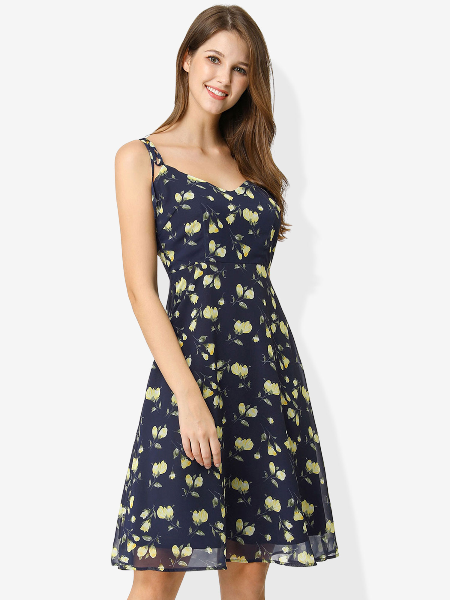 Spaghetti Strap Dress A-Line Smocked Beach Summer Floral Sundress Blue/M - Allegra K catalog