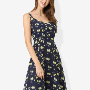 Spaghetti Strap Dress A-Line Smocked Beach Summer Floral Sundress Blue/L - Allegra K catalog