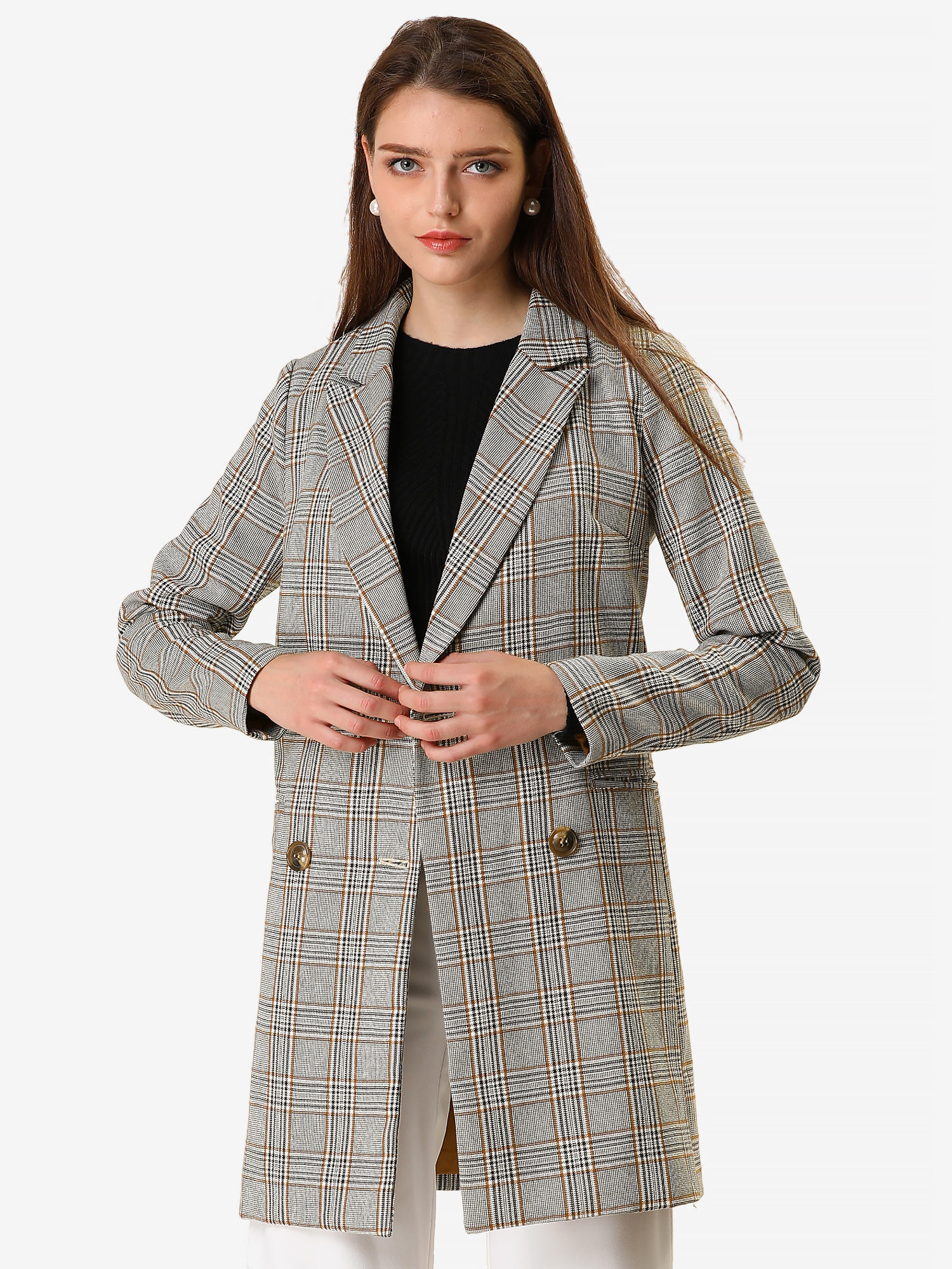 Double Breasted Notched Lapel Plaid Trench Blazer Coat Gray/M - Allegra K catalog