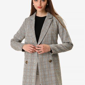Double Breasted Notched Lapel Plaid Trench Blazer Coat Gray/XL - Allegra K catalog