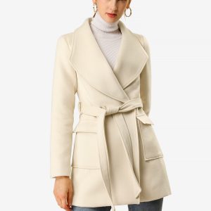Shawl Collar Lapel Double Breasted Winter Belted Coat with Pockets Cream White/XS - Allegra K catalog
