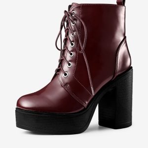 Platform Chunky High Heel Lace Up Combat Boots Burgundy/6 - Allegra K catalog