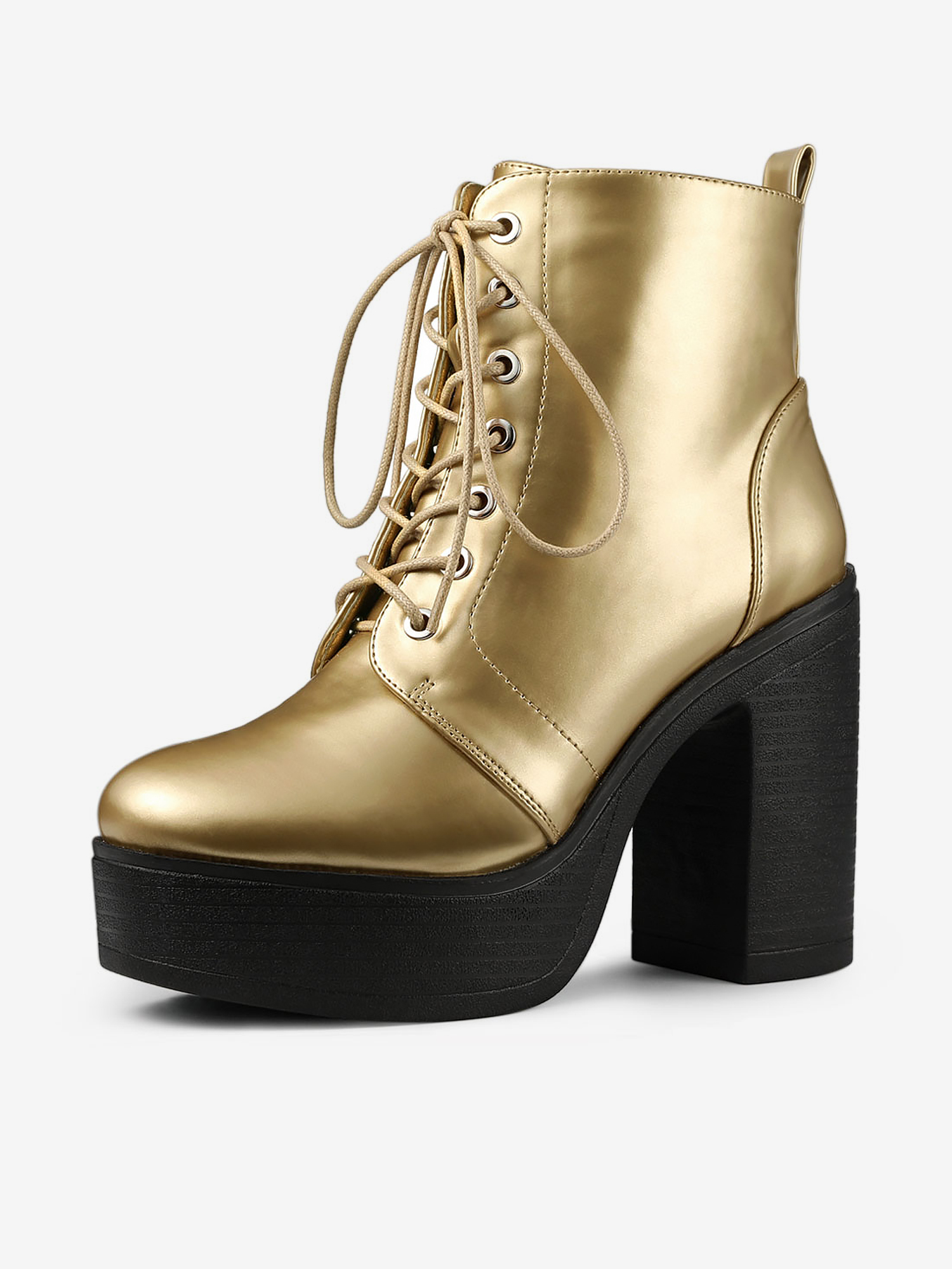 Platform Chunky High Heel Lace Up Combat Boots Gold/7.5 - Allegra K catalog
