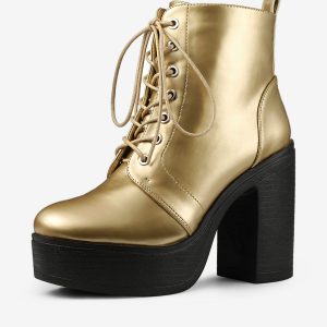 Platform Chunky High Heel Lace Up Combat Boots Gold/9 - Allegra K catalog