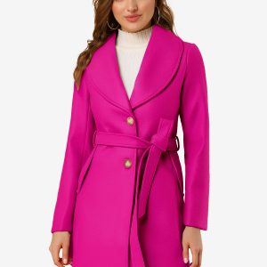 Shawl Collar Single Breasted Winter Long Belted Coat Hot Pink/S - Allegra K catalog