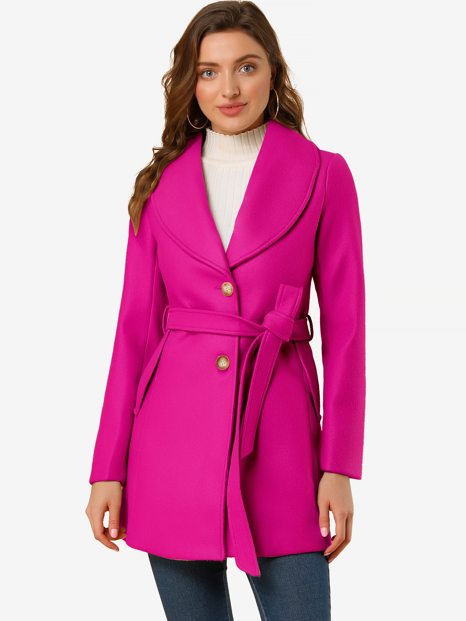 Shawl Collar Single Breasted Winter Long Belted Coat Hot Pink/M - Allegra K catalog