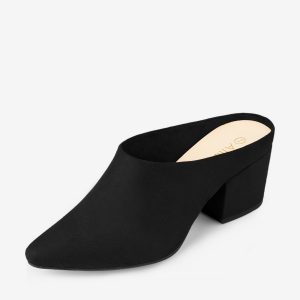 Faux Suede Pointed Toe Slip On Block Heel Slide Mules Black/8.5 - Allegra K catalog