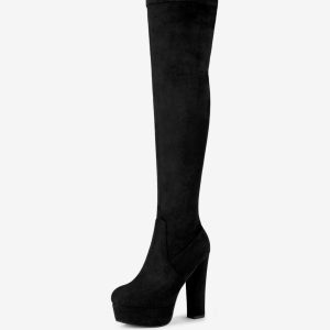 Faux Suede Platform Block Heel Over Knee High Boots Black/7.5 - Allegra K catalog