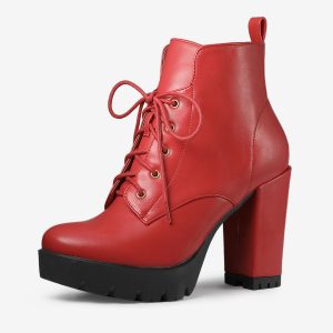 Round Toe Chunky Heel Lace Up Platform Boots Red/7 - Allegra K catalog