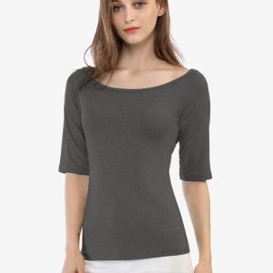 Scoop Neck Half Sleeves Fitted Layering Soft T-Shirt Dark Gray/L - Allegra K catalog