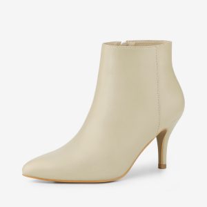 Pointed Toe Zipper Stiletto Heel Ankle Boots Beige/9 - Allegra K catalog