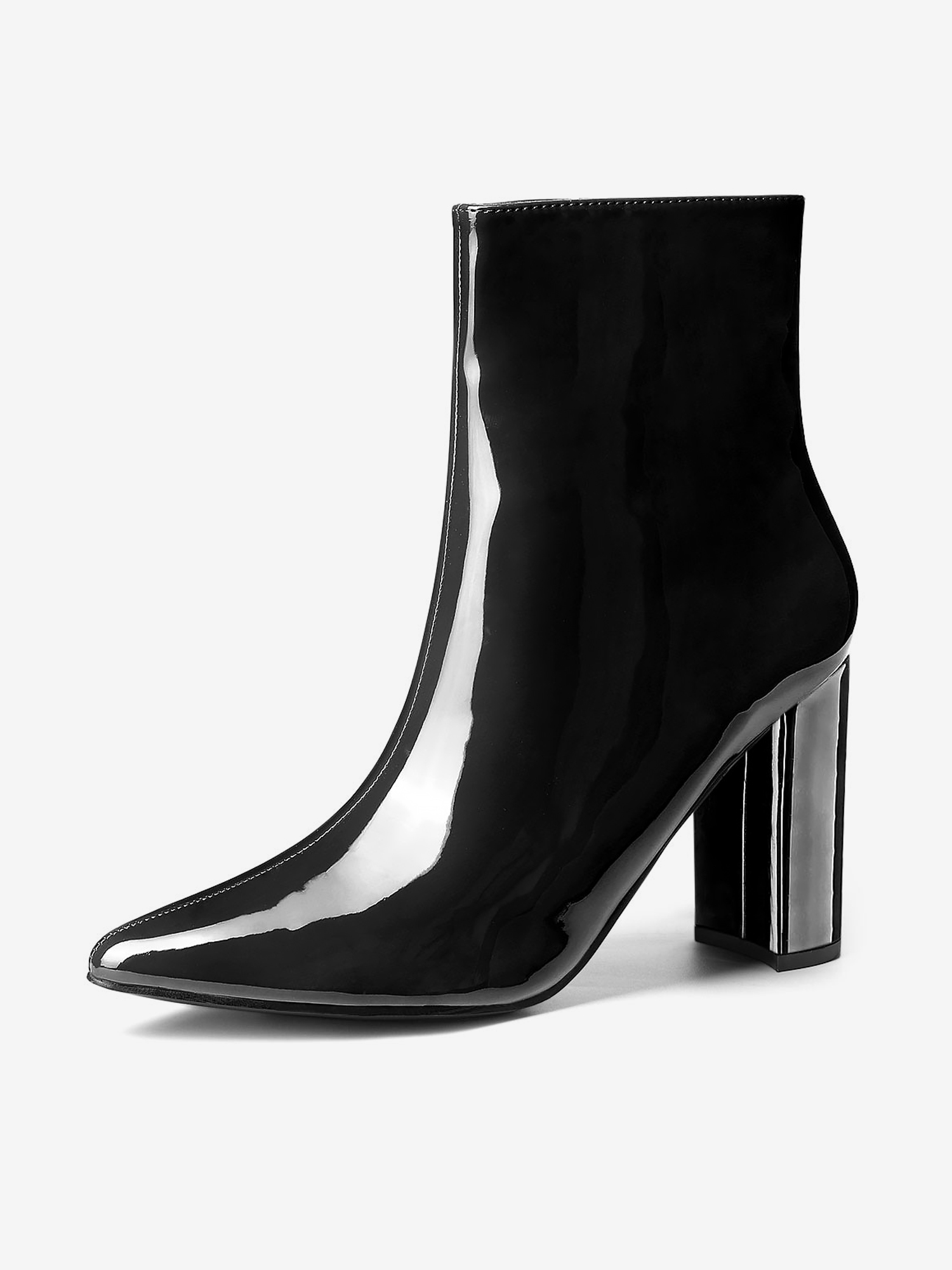 Faux Patent Leather Chunky Heel Pointed Toe Zipper Ankle Boots Black/6 - Allegra K catalog