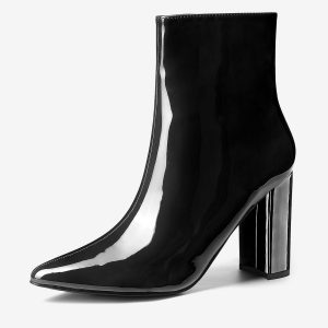 Faux Patent Leather Chunky Heel Pointed Toe Zipper Ankle Boots Black/9 - Allegra K catalog