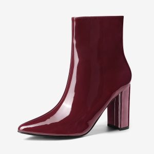 Faux Patent Leather Chunky Heel Pointed Toe Zipper Ankle Boots Burgundy/7 - Allegra K catalog