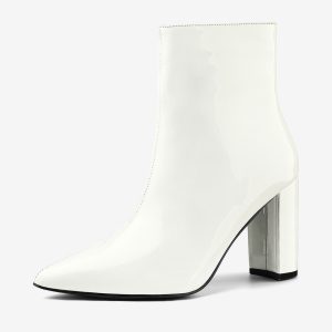 Faux Patent Leather Chunky Heel Pointed Toe Zipper Ankle Boots White/5.5 - Allegra K catalog