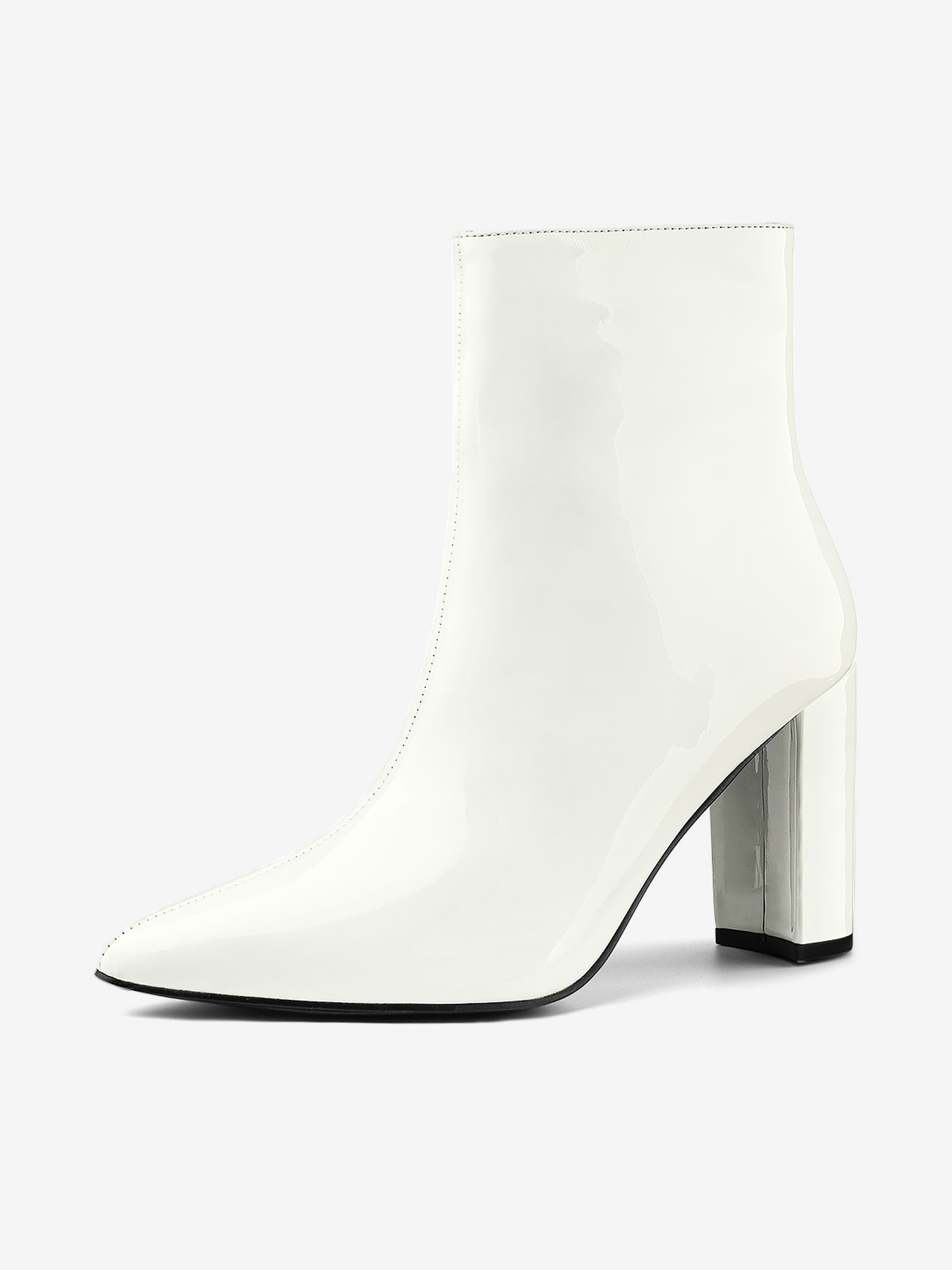 Faux Patent Leather Chunky Heel Pointed Toe Zipper Ankle Boots White/6 - Allegra K catalog