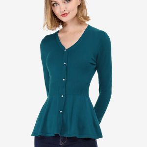 V Neck Long Sleeve Ribbed Pullover Knitted Peplum Top Blue Green/XS - Allegra K catalog