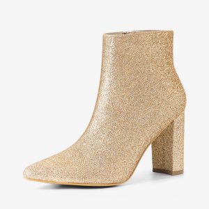 Glitter Pointed Toe Chunky Heel Zipper Ankle Boots Gold/10 - Allegra K catalog