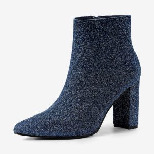Glitter Pointed Toe Chunky Heel Zipper Ankle Boots Navy Blue/9 - Allegra K catalog
