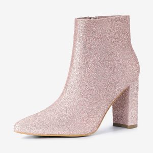Glitter Pointed Toe Chunky Heel Zipper Ankle Boots Pink/10 - Allegra K catalog