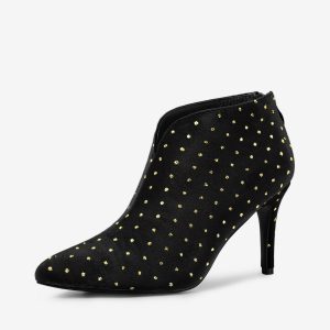 Velvet Polka Dot V Cutout Pointed Toe Heel Ankle Boots Black/6.5 - Allegra K catalog