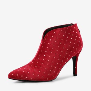 Velvet Polka Dot V Cutout Pointed Toe Heel Ankle Boots Red/10 - Allegra K catalog
