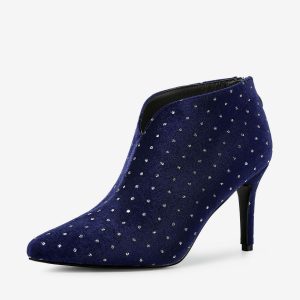 Velvet Polka Dot V Cutout Pointed Toe Heel Ankle Boots Blue/6.5 - Allegra K catalog