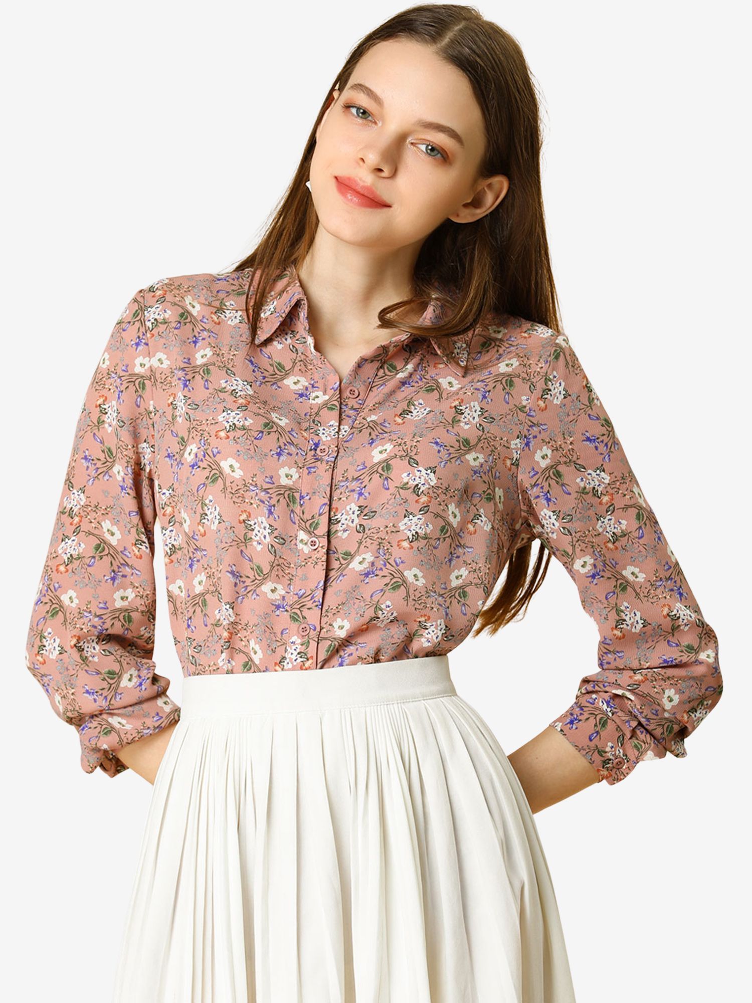 Button Down Floral Shirt Blouse Long Sleeve Point Collar Top Pink/XS - Allegra K catalog