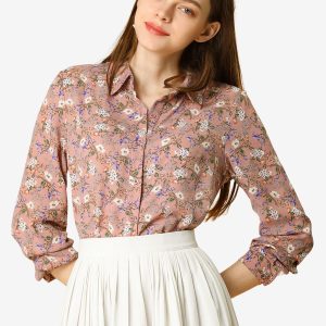 Button Down Floral Shirt Blouse Long Sleeve Point Collar Top Pink/L - Allegra K catalog