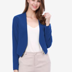 Solid Color Collarless Cropped Office Blazer Jacket Blue/M - Allegra K catalog