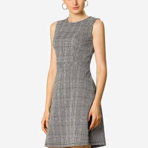 Plaid Sleeveless Fit and Flare Houndstooth Work Dress White Black/M - Allegra K catalog