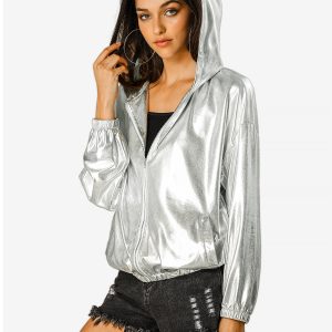 Holographic Party Shiny Lightweight Zipper Hooded Metallic Jacket Silver/M - Allegra K catalog