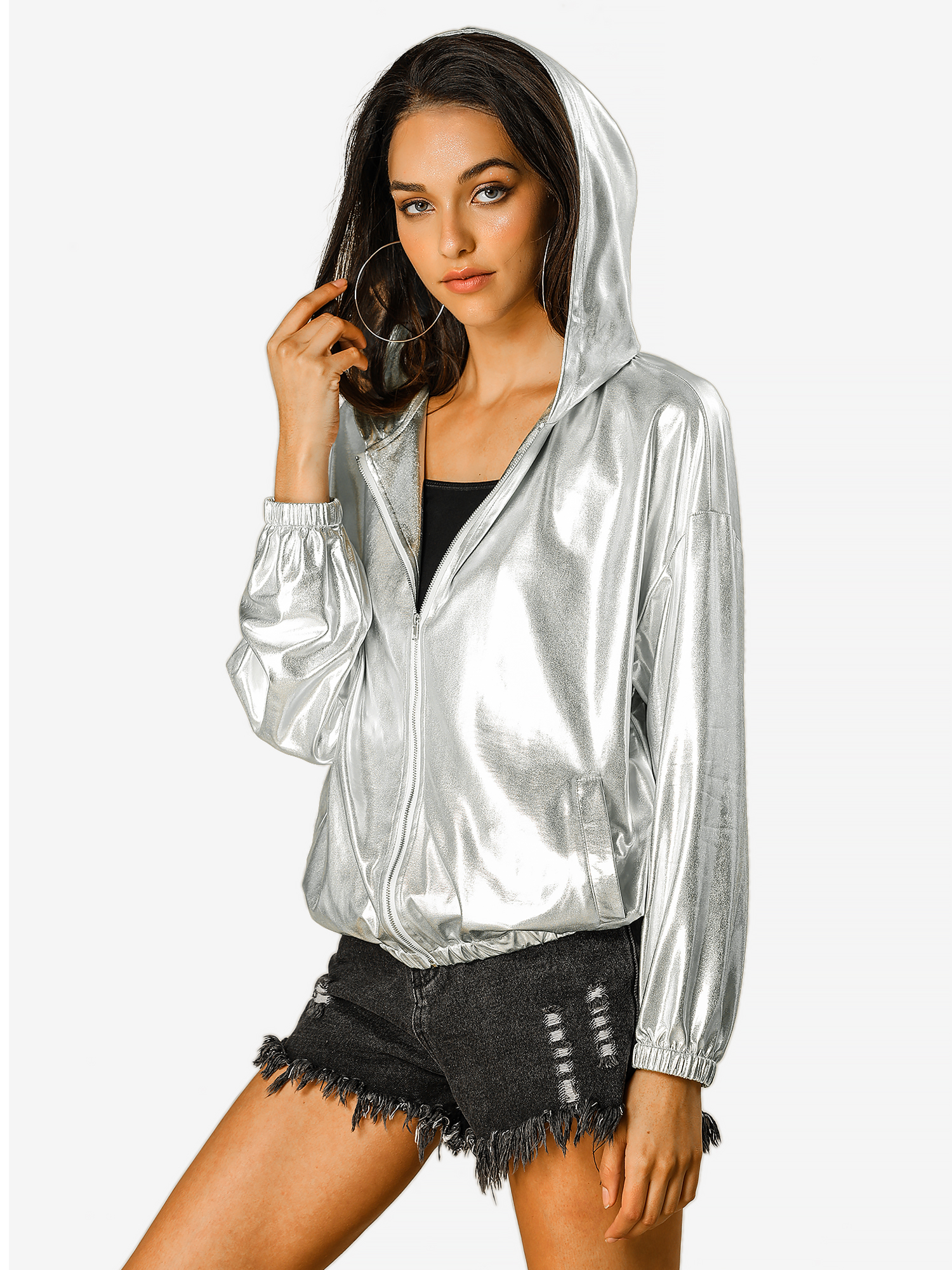 Holographic Party Shiny Lightweight Zipper Hooded Metallic Jacket Silver/XL - Allegra K catalog