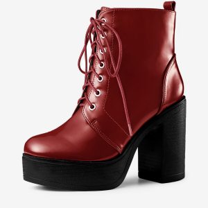 Platform Chunky High Heel Lace Up Combat Boots Red/9 - Allegra K catalog