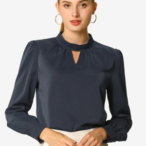 Keyhole Elegant Stand Collar Long Sleeve Chiffon Office Blouse Navy Blue/XS - Allegra K catalog