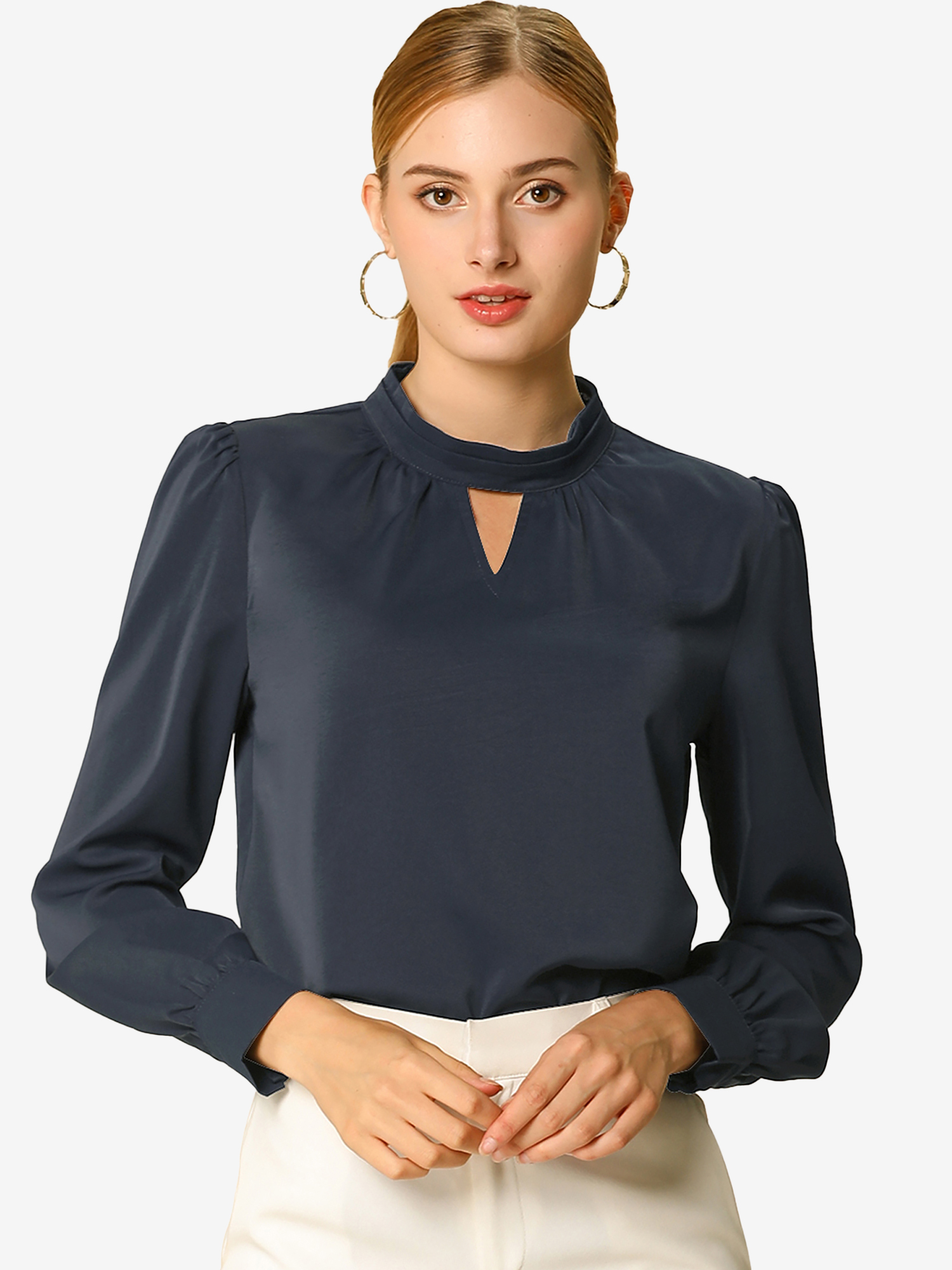 Keyhole Elegant Stand Collar Long Sleeve Chiffon Office Blouse Navy Blue/XL - Allegra K catalog