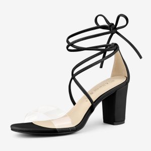 Open Toe Lace Up Clear Strap Block Heel Sandals Black/9 - Allegra K catalog