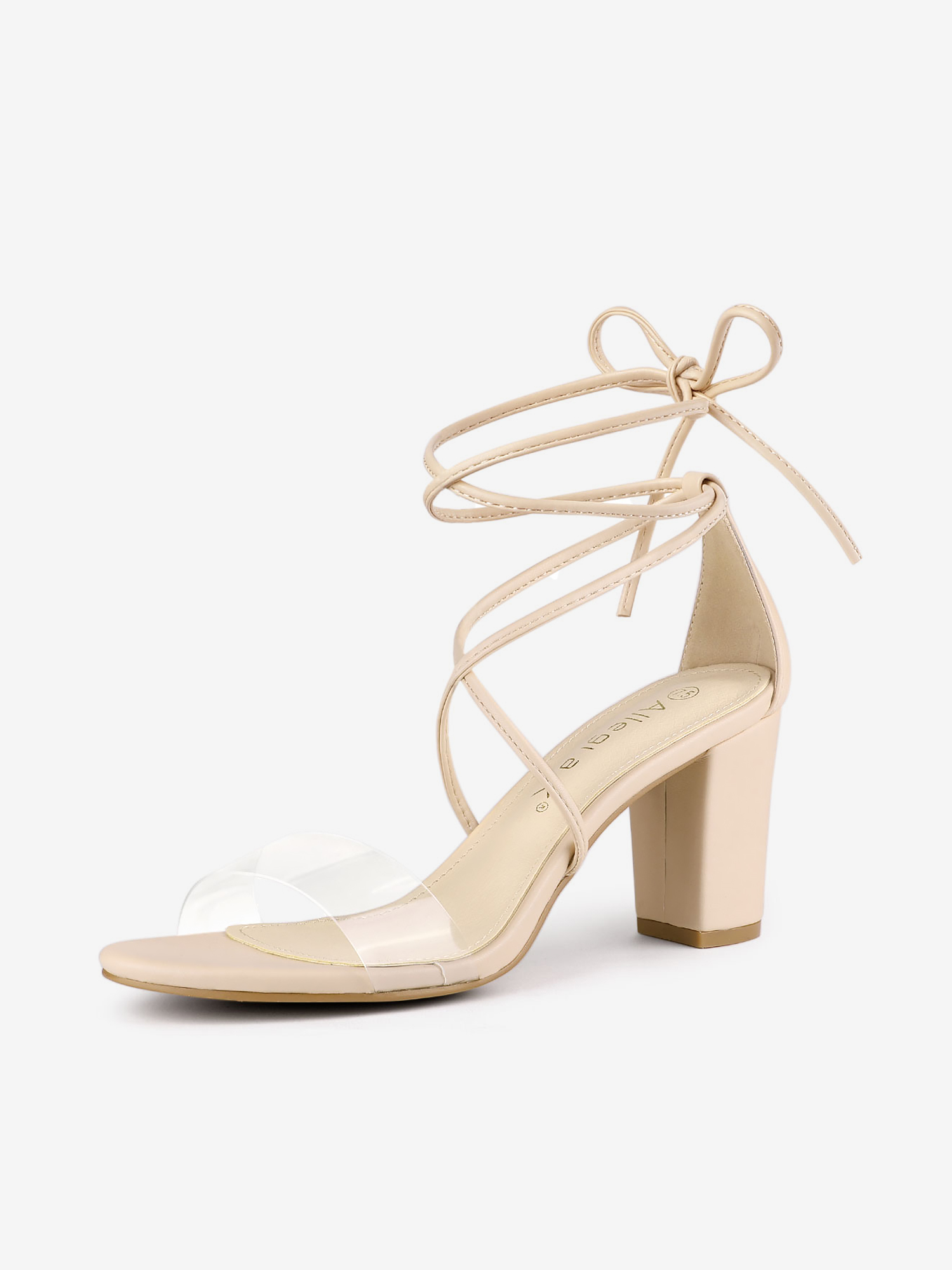 Open Toe Lace Up Clear Strap Block Heel Sandals Beige/6 - Allegra K catalog