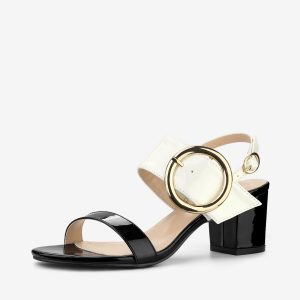 Dual Straps Buckle Decor Slingback Block High Heel Sandals Black White/10 - Allegra K catalog