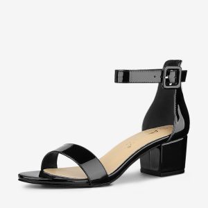 PU Open Toe Block Low Heel Ankle Strap Sandals Black Patent/9.5 - Allegra K catalog