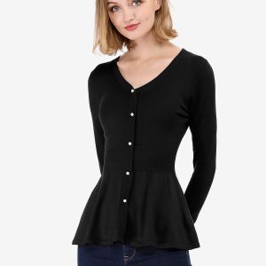V Neck Long Sleeve Ribbed Pullover Knitted Peplum Top Black/L - Allegra K catalog