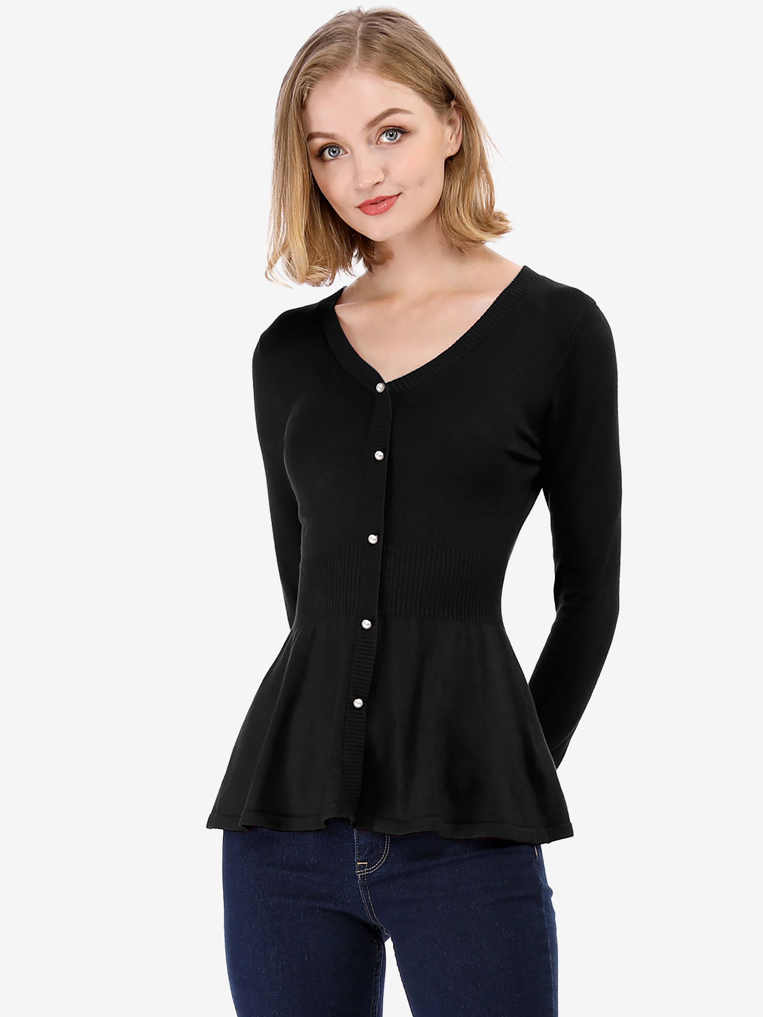 V Neck Long Sleeve Ribbed Pullover Knitted Peplum Top Black/XL - Allegra K catalog
