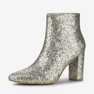 Glitter Pointed Toe Chunky Heel Zipper Ankle Boots Silver/7 - Allegra K catalog
