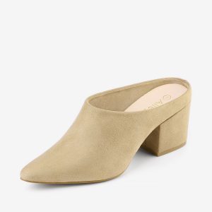 Faux Suede Pointed Toe Slip On Block Heel Slide Mules Beige/5.5 - Allegra K catalog