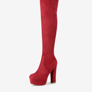 Faux Suede Platform Block Heel Over Knee High Boots Red/10 - Allegra K catalog