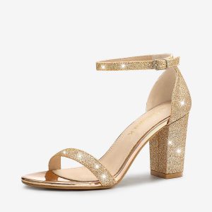 Glitter Ankle Strap Chunky Heel Sandals Gold/9 - Allegra K catalog