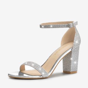 Glitter Ankle Strap Chunky Heel Sandals Silver/6 - Allegra K catalog